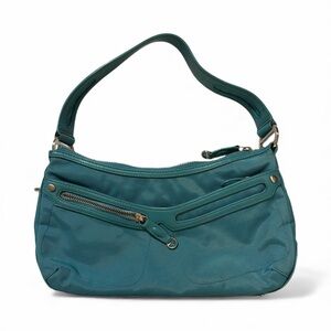 TUMI HANDBAG WOMENS BLUE CANVAS AND LEATHER BAG VINTAGE ZIPPER POCKETS LEATHER